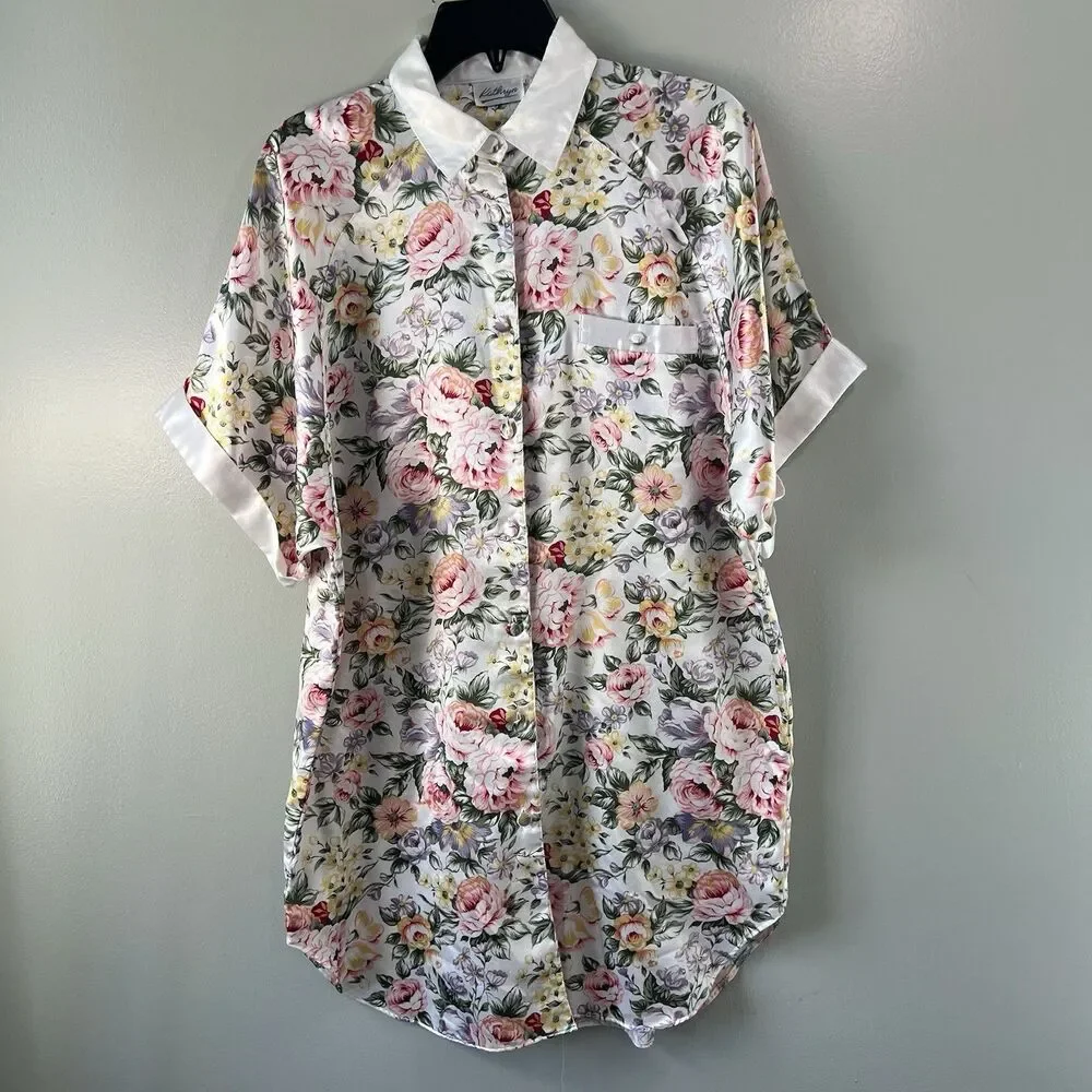 Kathryn Floral Satin Button Front Lined Sleep shirt Night gown, size‎ est L